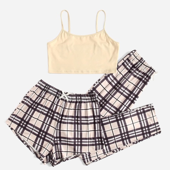 SALE ⬇️ NWT ROWME PLAID 3-PIECE PJ SET CROP TOP, PANTS, SHORTS  - M - Picture 1 of 17